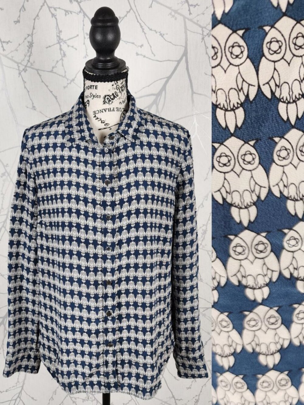 J. Crew Blue Owls Print 100% Silk Button Front Shirt